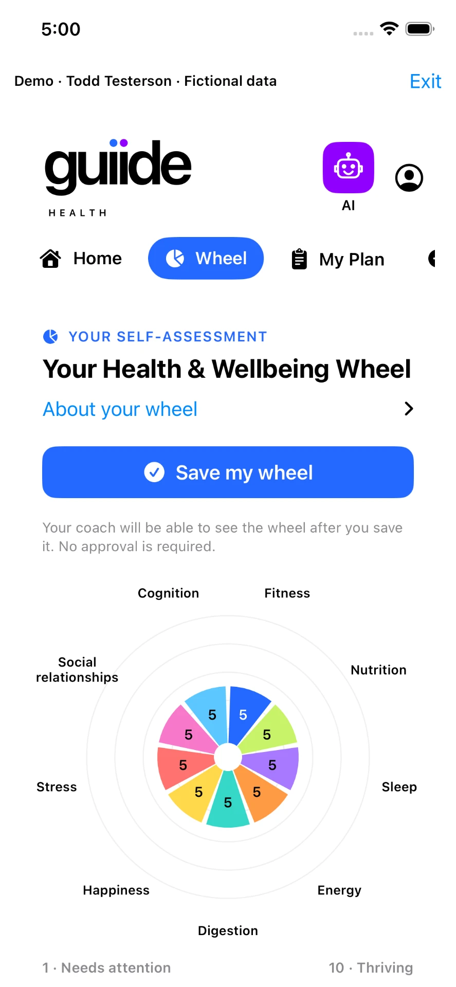 Guiide Health app health wheel self-assessment for the fictional demo account Todd Testerson, showing nine areas of well-being