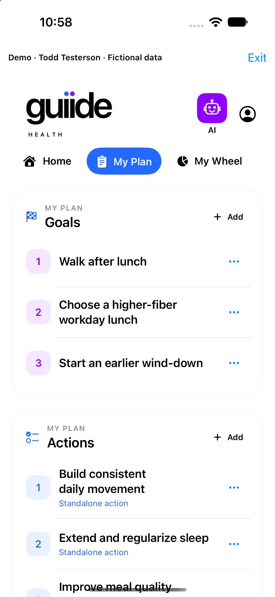 Guiide Health app My Plan screen showing goals and actions for the fictional demo account Todd Testerson