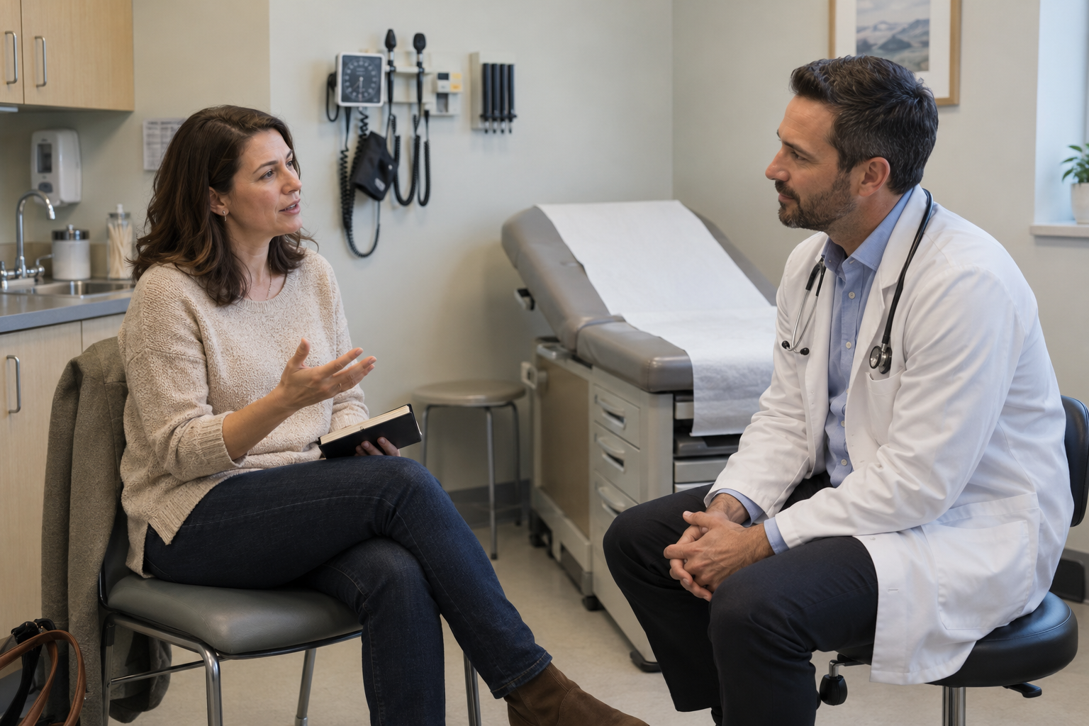 A fictional woman in her early forties in conversation with a doctor in a medical examination room, with an exam table and wall-mounted clinical equipment visible