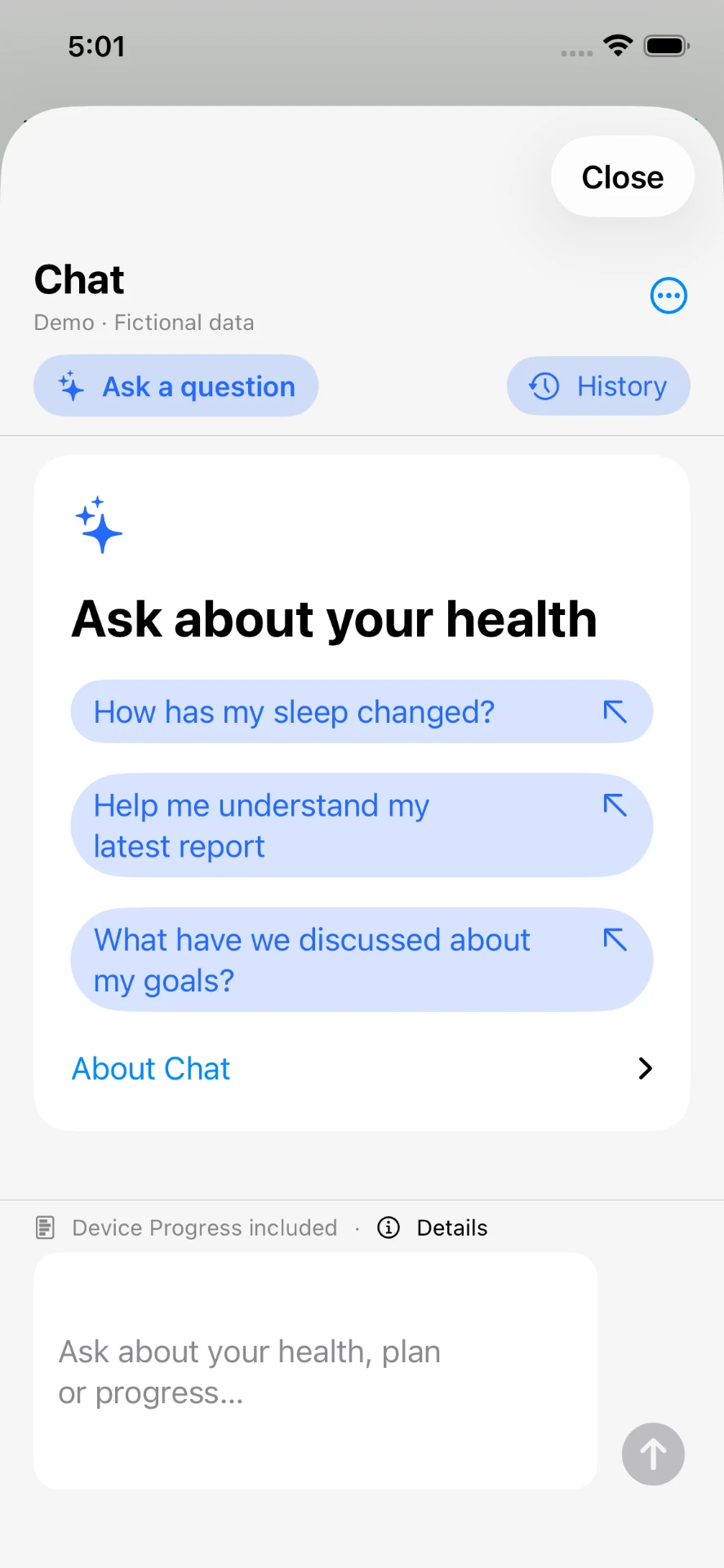 Guiide Health app AI chat screen for the fictional demo account Todd Testerson
