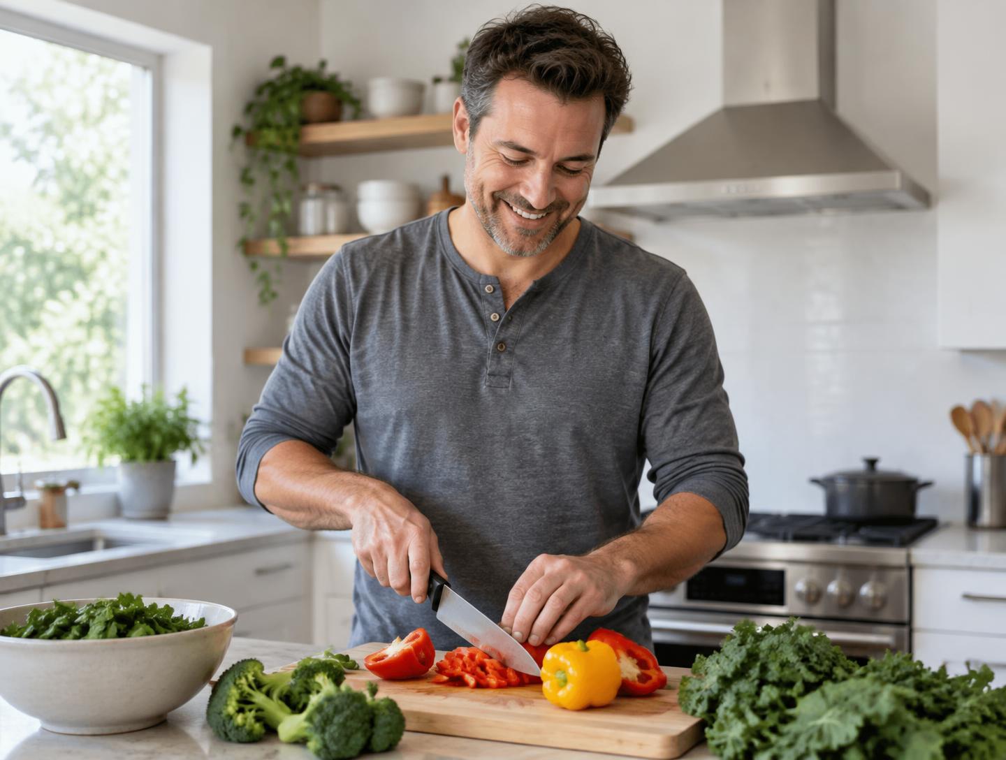 A man in his early forties smiling as he prepares vegetables at home
