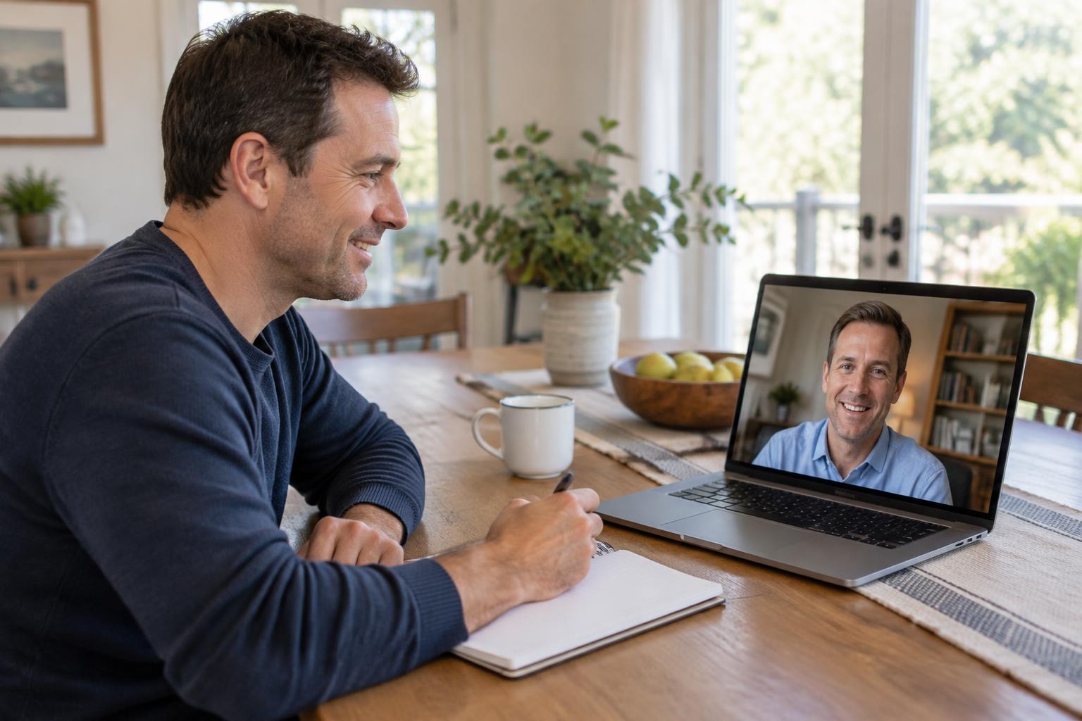 A man in his early forties at his home table speaking with a male coach in his early forties, visible on his laptop