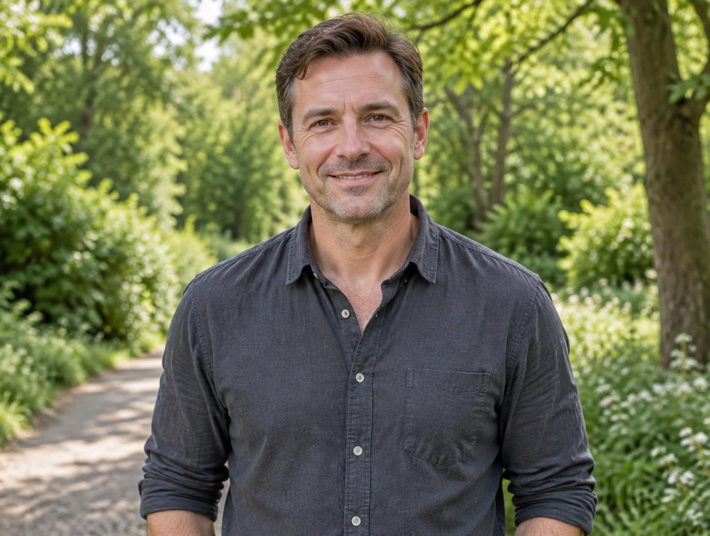 A man in his early forties outdoors on a leafy park path