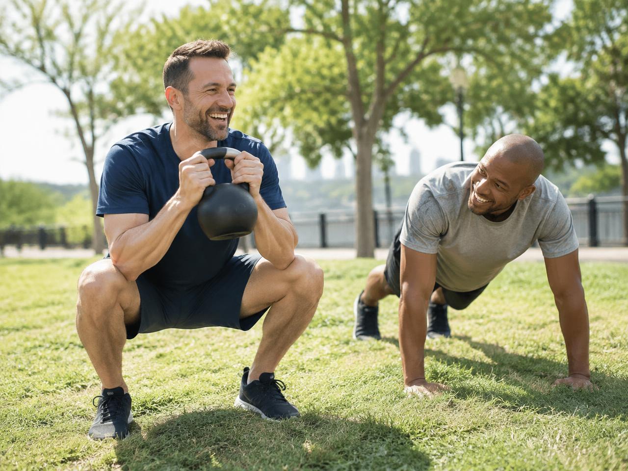 Two men in their early forties exercising outdoors in a park with a kettlebell