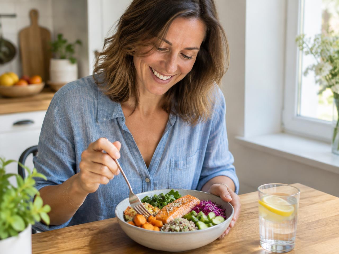 A woman in her early forties enjoying a colourful balanced meal at home